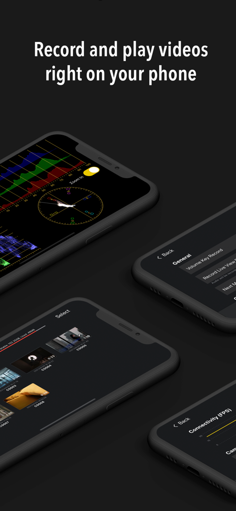 Interfaz de la aplicación Monitor plus en varios iPhones mostrando herramientas de reproducción y grabación de vídeo