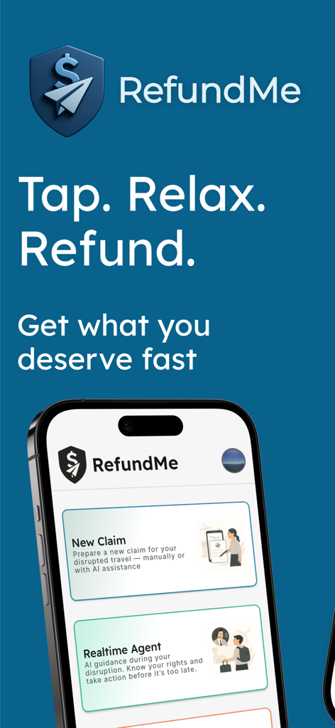 RefundMe AI travel claims - RefundMe mobile app screen showing options for filing a new travel claim and accessing a realtime AI agent.