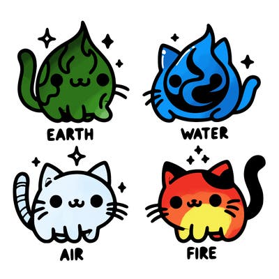 4 cats that represent the different elements, earth, water, air, and fire