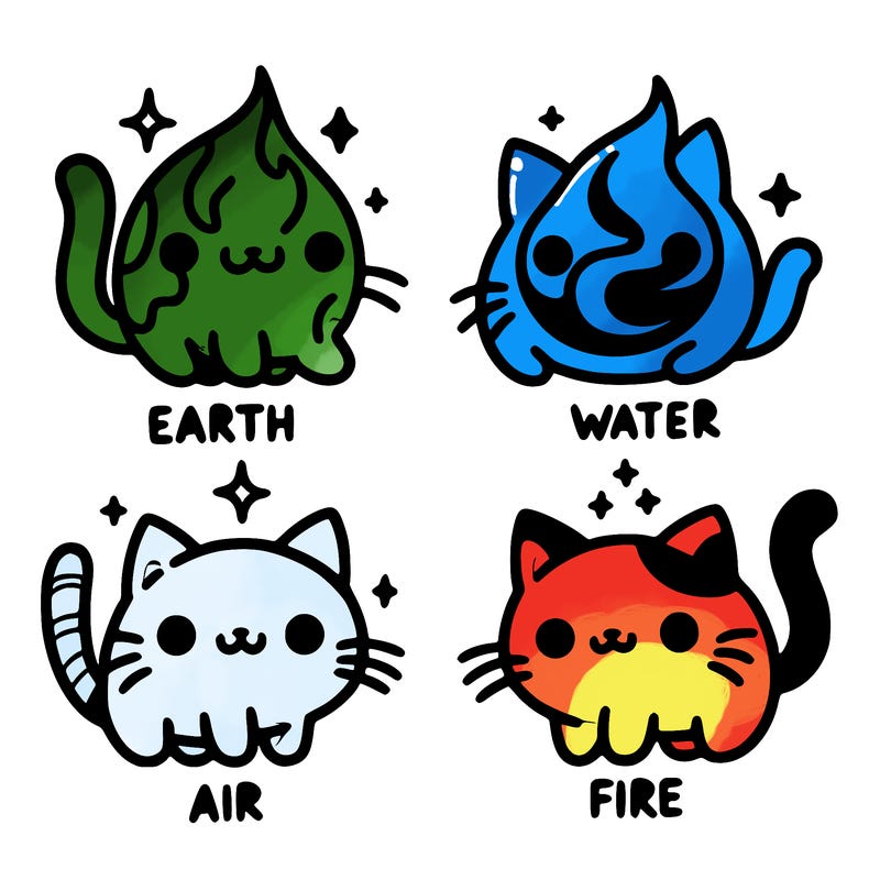4 cats that represent the different elements, earth, water, air, and fire