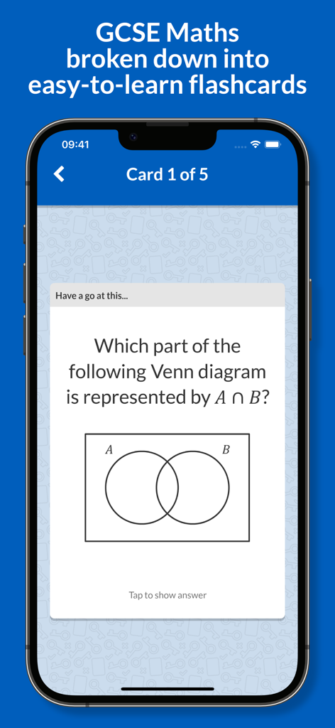 Key Cards GCSE Mathsアプリがベン図の共通部分に関するフラッシュカードを表示しています