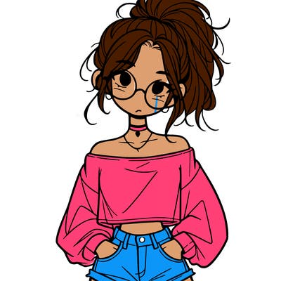 girl with a messy ponytail glasses a baggy crop top and jean shorts