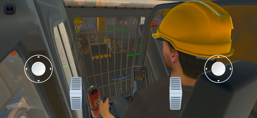 First-person view from the cockpit of an excavator showing joystick controls and a worker in a yellow hard hat
