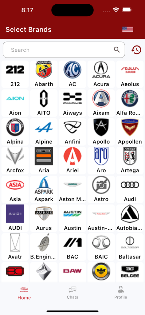 Lista pesquisável de logotipos de fabricantes de automóveis no aplicativo AutoDataNet.