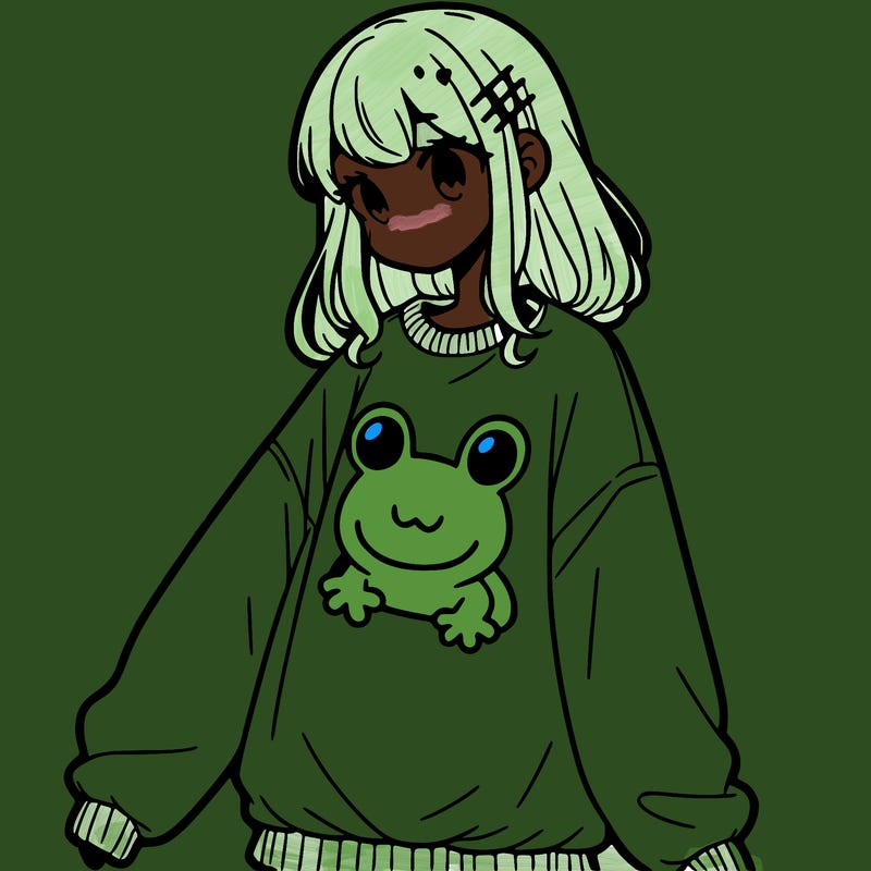 girl wearing frogging sweatshirt