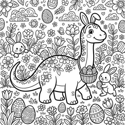 Unleash your creativity with this delightful Apatosaurus Easter coloring page, perfect for teens. Discover a charming dinosaur donning bunny ears, surrounded by playful bunnies, spring blossoms, and beautifully decorated eggs.