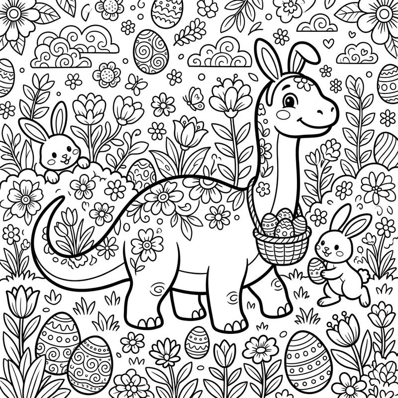 Unleash your creativity with this delightful Apatosaurus Easter coloring page, perfect for teens. Discover a charming dinosaur donning bunny ears, surrounded by playful bunnies, spring blossoms, and beautifully decorated eggs.
