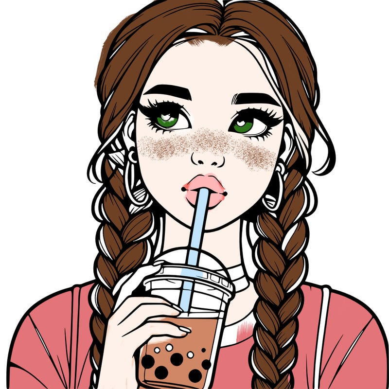 realistic girl with braided hair drinking boba