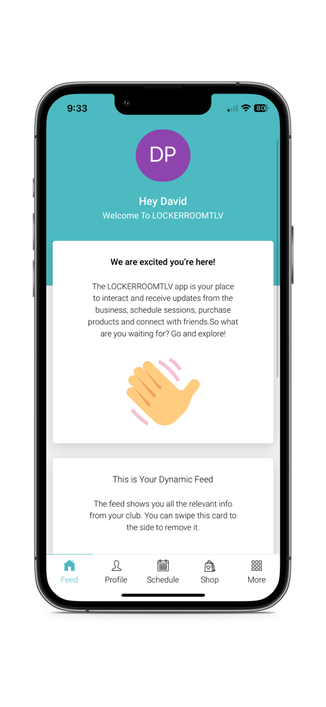 LOCKER ROOM TLV - Pantalla de bienvenida de la app móvil LOCKER ROOM TLV mostrando un saludo personalizado para un miembro y el menú de navegación principal