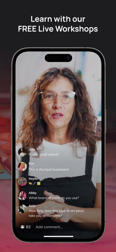 Milan Art - A woman teaching a live art workshop on the Milan Art mobile app with interactive user chat comments.