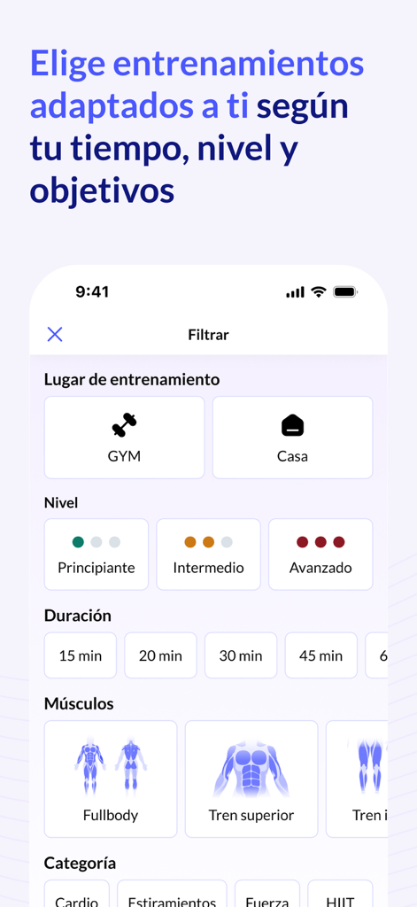 Saiyan Workout - Entrenamiento - Interface of Saiyan Workout app showing workout filters for location level duration and targeted muscle groups