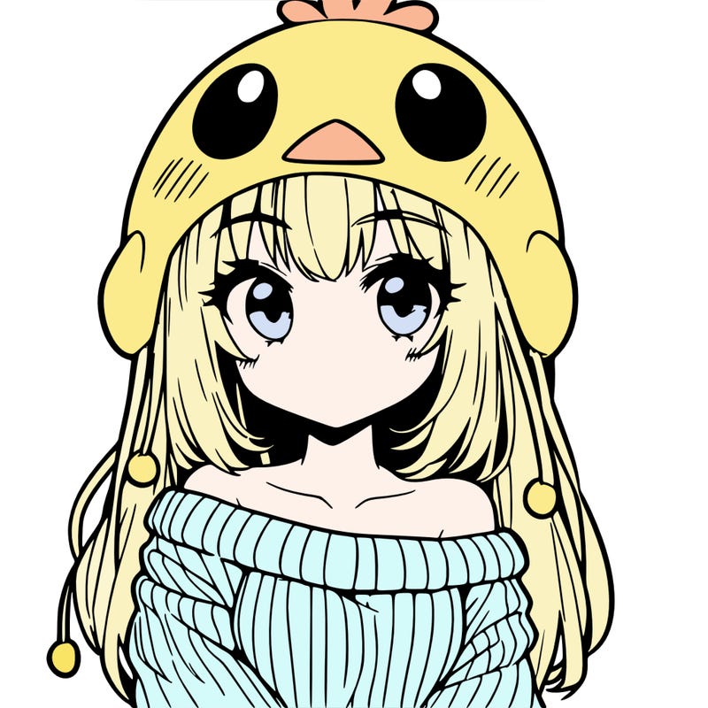 anime girl with chick shaped hat with sweater with bare shoulders with bangs covering them one eye with low tail