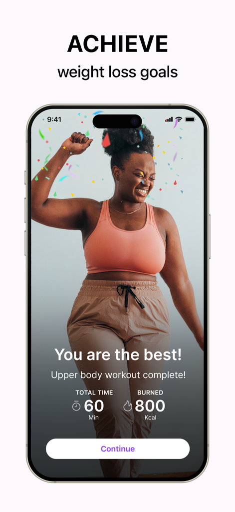 A woman celebrating a completed sixty minute dance workout with stats on the Organic Dance weight loss app.