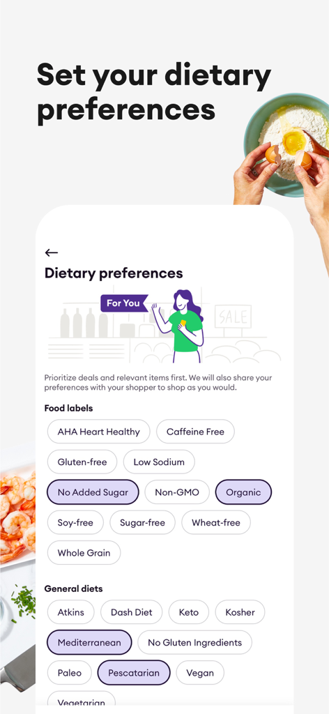 Shipt: Order Grocery Delivery - Pantalla de la aplicación Shipt que muestra preferencias dietéticas como orgánico y sin gluten