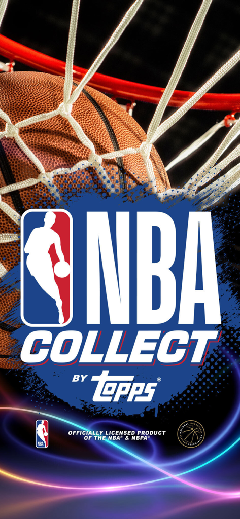NBA Collect by Topps® - バスケットボールがフープに入るNBA Collect by Toppsアプリのスプラッシュスクリーン。公式NBAおよびNBAPAのロゴが表示されています。