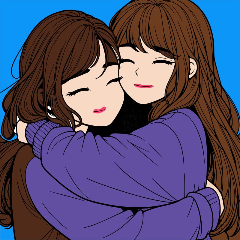 realistic two girls hugging