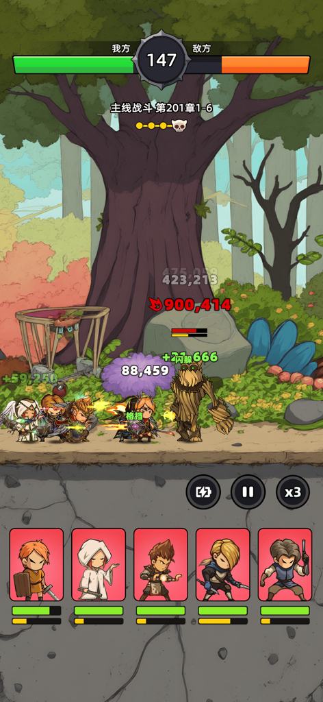 Heroes Non-Stop Idle-RPG-Autokampf-Gameplay mit Chibi-Helden, die gegen einen Boss-Monster kämpfen