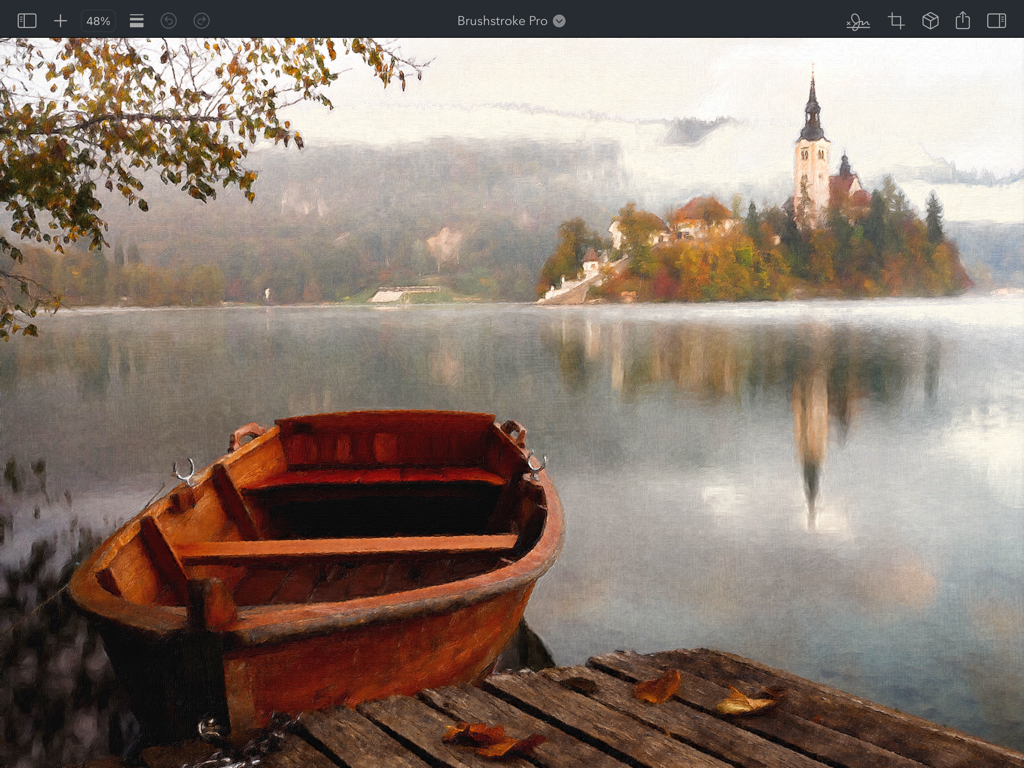 Brushstroke Pro for iPad - A digital landscape painting of a wooden boat on a lake with an island church created in Brushstroke Pro for iPad