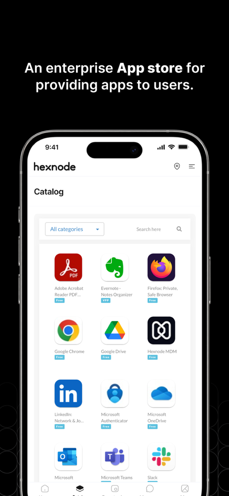 Hexnode UEM enterprise app catalog showing a list of managed business applications like Slack and Microsoft Teams