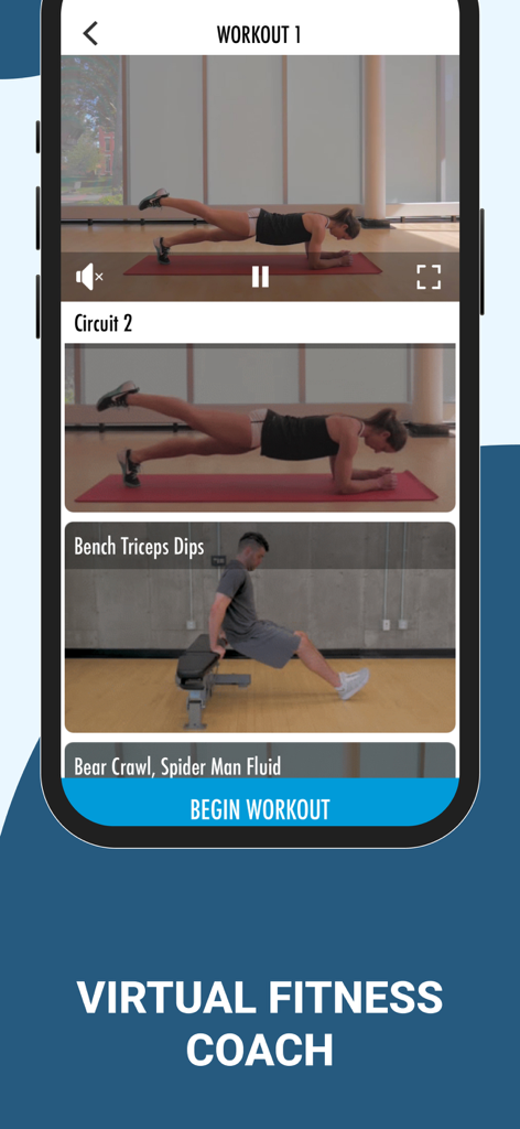 Bodyweight Workouts at Home - Bodyweight Workouts at Home app displaying exercise video tutorials and a virtual fitness coach interface