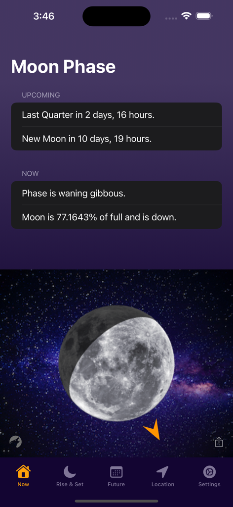 Interfaz de la aplicación Moon Phase Calendar Plus que muestra la fase menguante gibosa con cuentas atrás de eventos lunares próximos