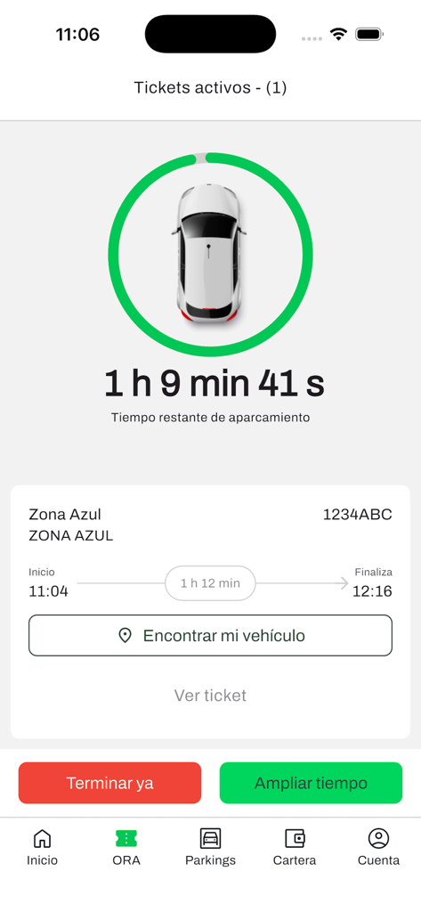 iParkCity - iParkCity app interface showing an active parking session with a countdown timer and car location feature