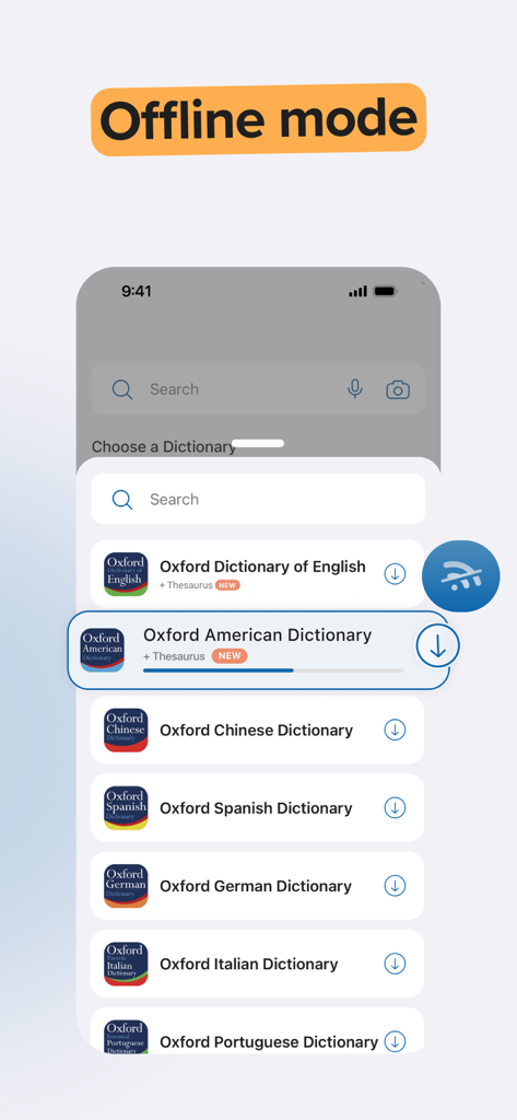 Oxford Dictionary app interface showing offline mode with a list of dictionaries available for download