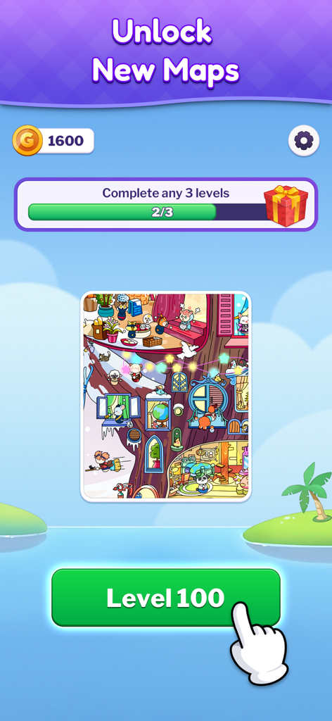 Interface de Objetos Escondidos Procure e Encontre mostrando o progresso para desbloquear novos mapas e o botão do nível cem