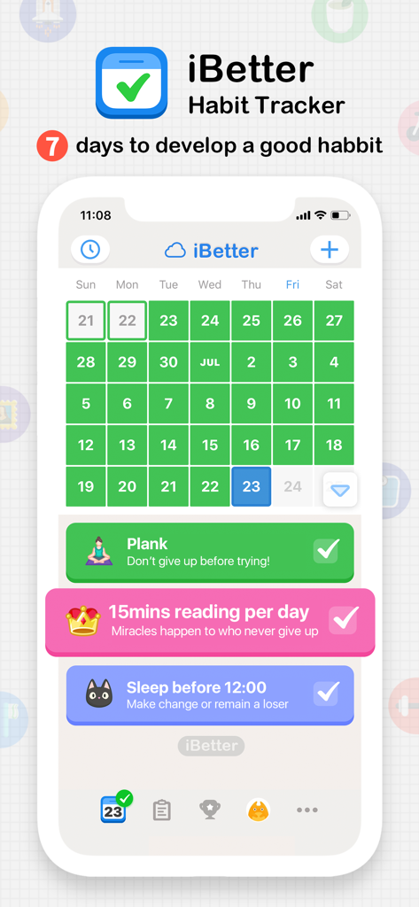 iBetter Habit Tracker app interface showing a monthly progress calendar and daily habit goals like reading and fitness streaks.