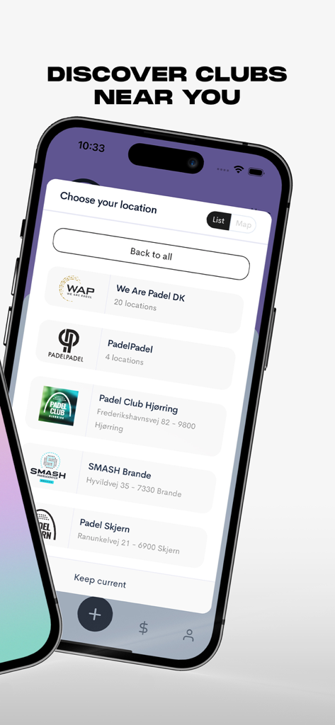 Bookli - Écran de smartphone montrant l'interface de découverte de clubs de l'application Bookli avec une liste de clubs de padel disponibles à la réservation