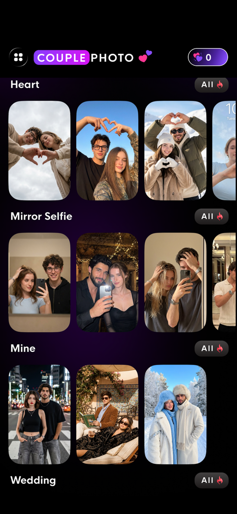 AI Couple Photo: Video Rizz AI - AI Couple Photo app interface showing romantic templates for heart poses mirror selfies and professional photoshoots.