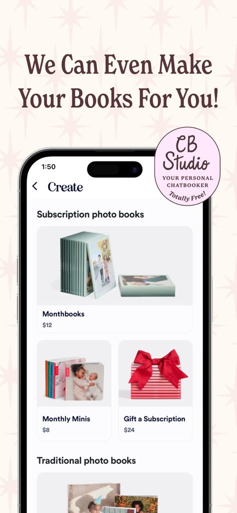 Interface da aplicação móvel Chatbooks mostrando opções de subscrição de álbuns de fotos, incluindo Monthbooks e Monthly Minis