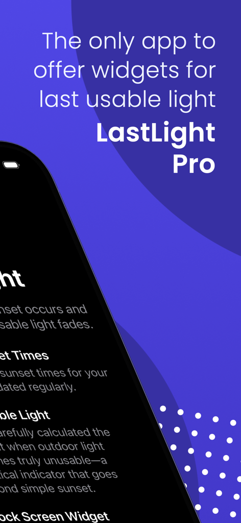 Promotional graphic for LastLight Pro Sunset Tracker app highlighting widgets for last usable light.