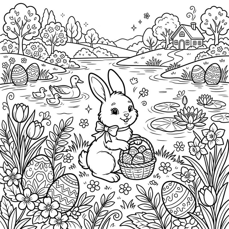 Dive into the joy of spring with this delightful Easter coloring page, showcasing a charming bunny gathering eggs by a peaceful freshwater lake. This intricate design is perfect for all ages to celebrate the season with creativity.