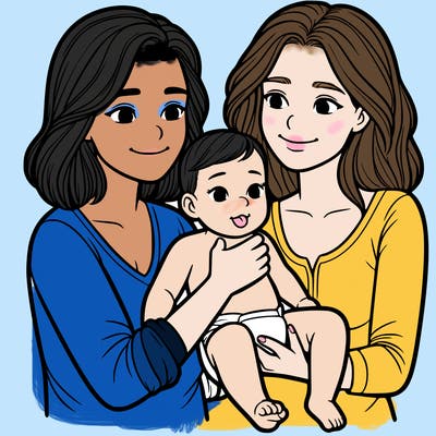 two realistic women holding one baby together
