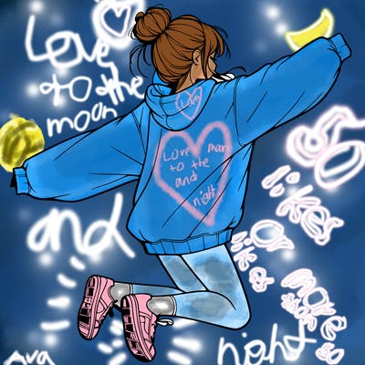 realistic girl jumping with a bun and oversized sweatshirt