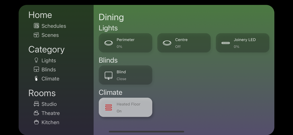 CTC SpaceLogic - CTC SpaceLogic app dashboard with controls for lights blinds and floor heating