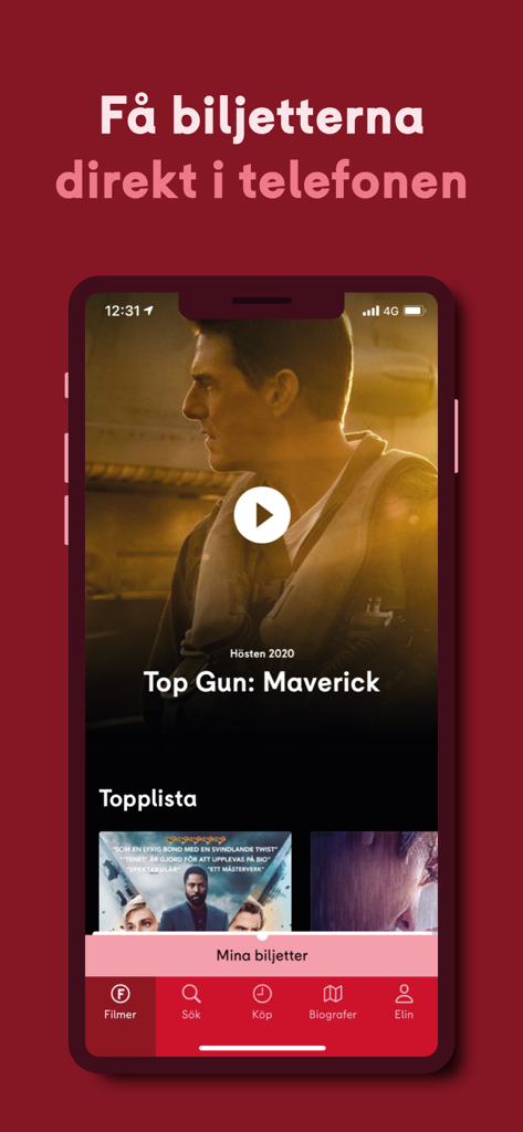 Filmstaden - Filmstaden mobile app screen displaying movie tickets and featured films like Top Gun Maverick