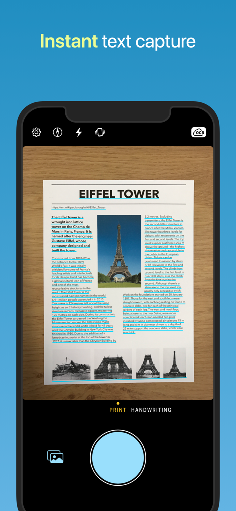 Interfaz de la aplicación móvil Prizmo Go que muestra la captura de texto en tiempo real y el resaltado OCR en un documento sobre la Torre Eiffel