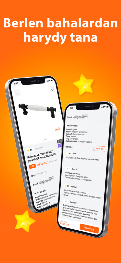 Timar - Two mobile screens displaying furniture handle details and customer reviews on the Timar shopping app