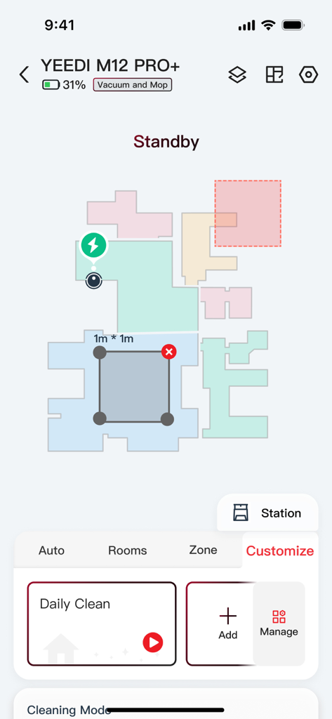 YEEDI - YEEDI app interface showing a color coded floor plan map and cleaning zone selection