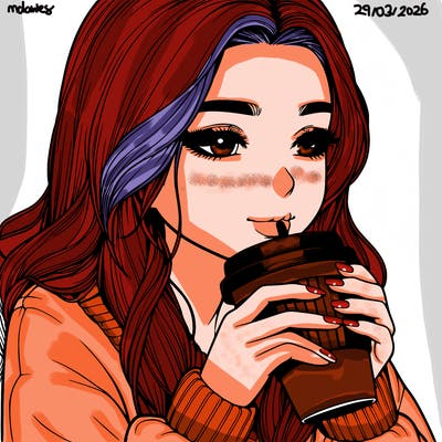 realistic girl drinking coffee