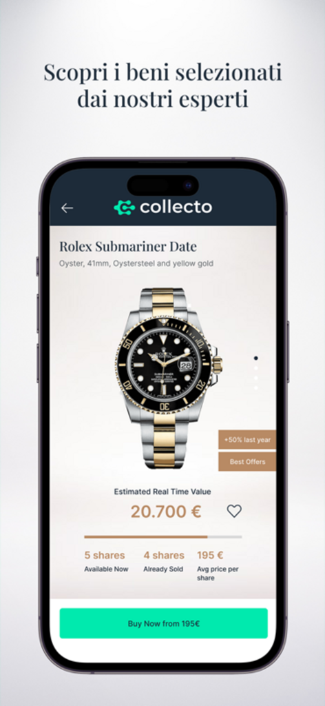 Collecto app interface showing fractional ownership shares for a Rolex Submariner Date watch.