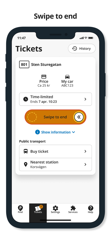 A smartphone screen displaying an active parking session in the Parkering Goteborg app with a swipe to end button.