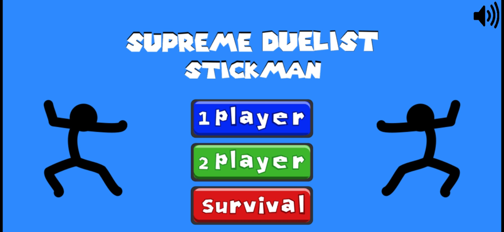 Supreme Duelist 2019 - Supreme Duelist 2019 main menu screen featuring 1 player 2 player and survival game modes with stickman characters