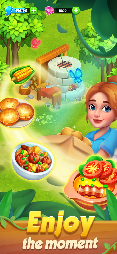 Horizon Island: Farm Adventure - Lara de pie cerca de un horno de piedra con imágenes de platos preparados como estofado y maíz en Horizon Island