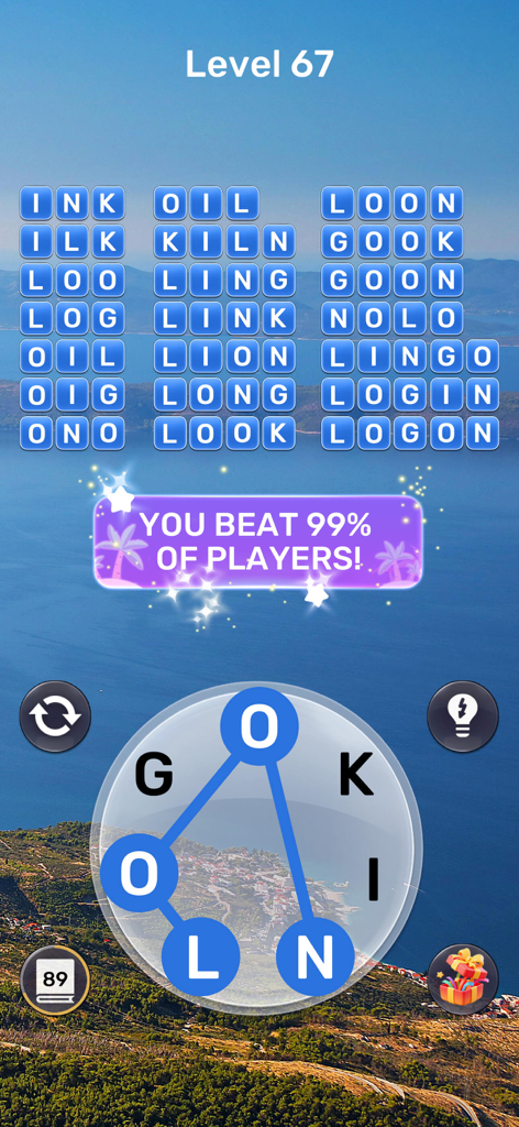 Word Oasis: Calm Puzzle Game - Word Oasisのスクリーンショット。レベル67に、リラックスできる自然の背景の上に言葉つなぎパズルが表示されています。