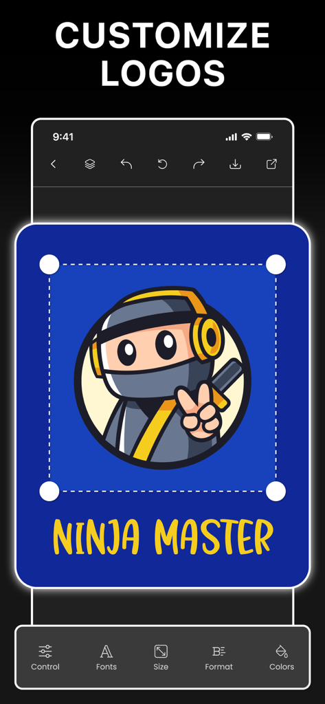 Logo Maker: Poster & Flyers - Interfaz de la app Logo Maker mostrando un diseño personalizable de logo ninja con herramientas de edición.