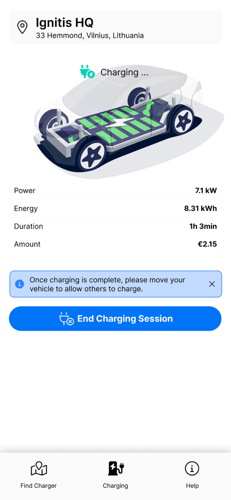 Ignitis ON - Mobile app interface of Ignitis ON showing real-time electric vehicle charging session data including energy used and total cost