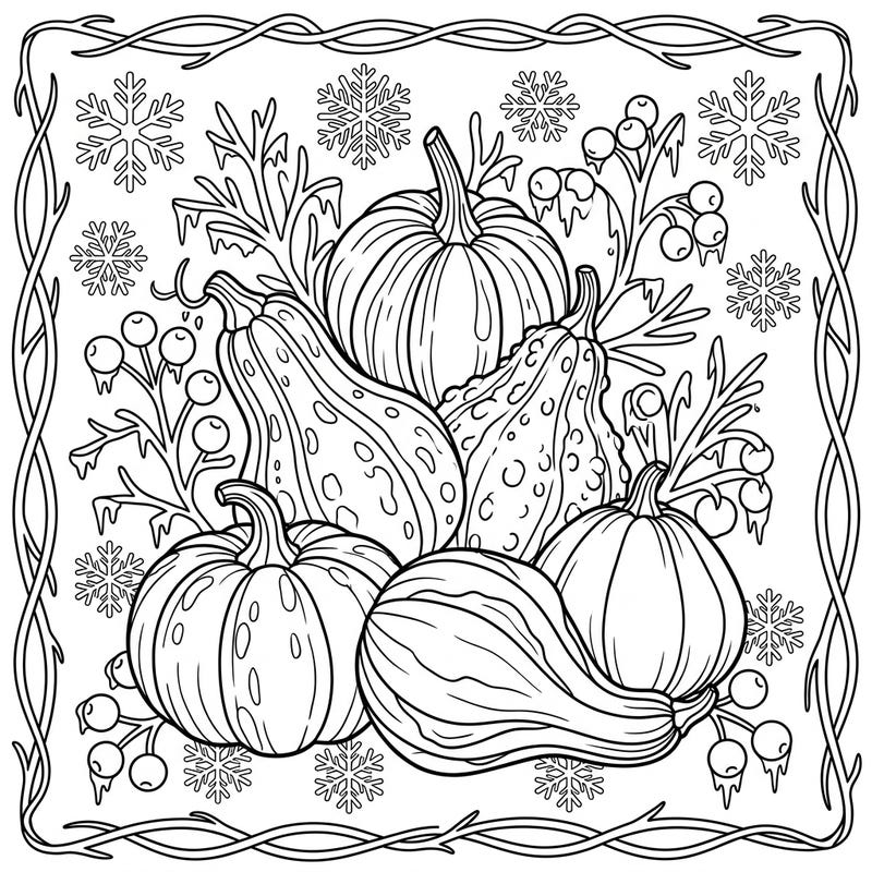 Dive into the chilly charm of winter with this delightful gourds coloring page designed specifically for kids. Featuring a festive arrangement of various gourds surrounded by snowflakes and icy berries, it offers a wonderful opportunity for creative expression during the colder months.